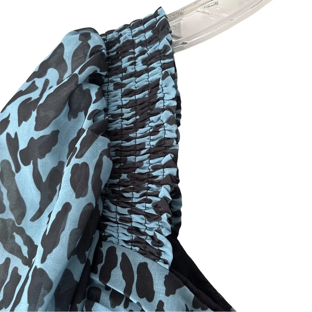 ZARA Womens Blue Animal Print Balloon Long Sleeve Pleated Crop Blouse Top Small